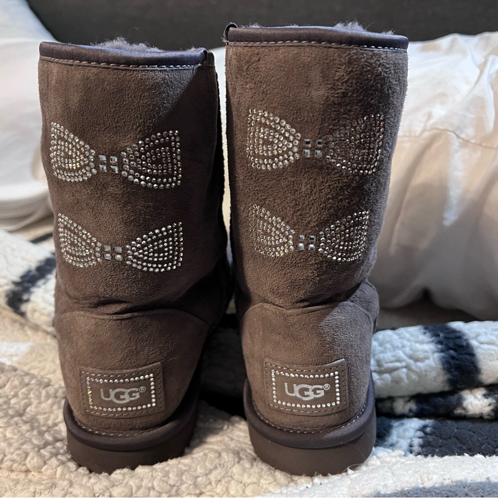 UGG Brown Suede Winter Boots with Rhinestone Bow Accents